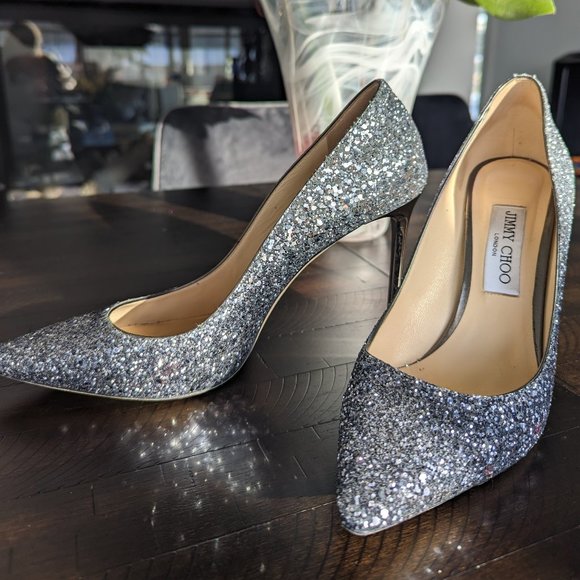 Jimmy Choo Romy 100 Navy Silver Ombre Glitter Stiletto Heels Pump EU 39.5 US 9.5 - Picture 1 of 13